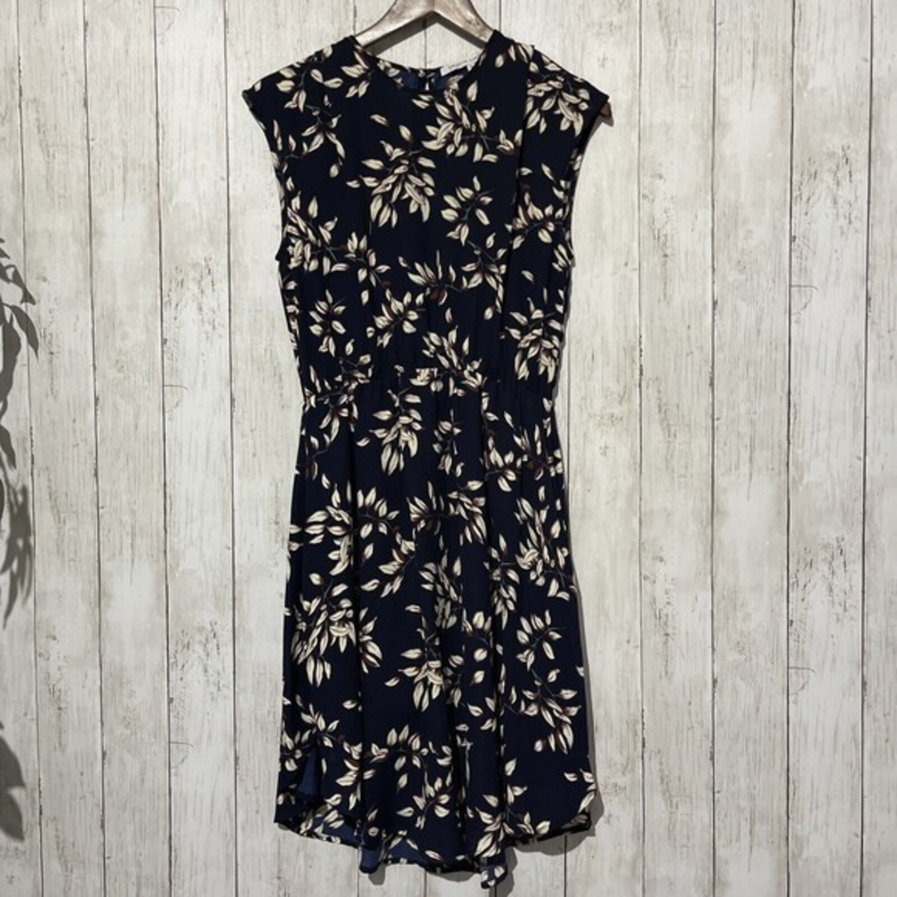 COLLECTIVE CONCEPTS‎ Navy Leaf Print Cap Sleeve Elastic Waist Midi Dress Size S